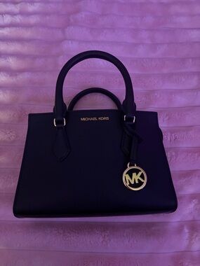 Michael Kors Black Leather Satchel with Gold MK Charm
